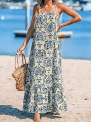 Kadın Ip Askılı Desenli Fırfırlı Süprem Elbise