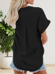 Kadın Kısa Kollu V Yakalı önden Düğmeli Dokuma Gömlek