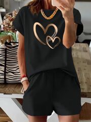 Kadın Kısa Kollu Bisiklet Yaka Viskon Iki Iplik Bluz Ve Short Ikili Takım