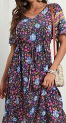 Kadın Kısa Kollu Beli Lastikli çiçek Desen Tam Boy Elbise