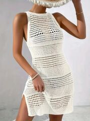 Kadın Askılı Derin Sırt Dekolteli Ajurlu Triko Pareo