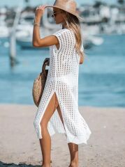 Kadın Sıfır Kol V Yaka Yanı Derin Yırtmaçlı Midi Boy Triko Elbise