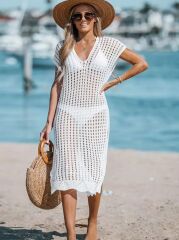 Kadın Sıfır Kol V Yaka Yanı Derin Yırtmaçlı Midi Boy Triko Elbise