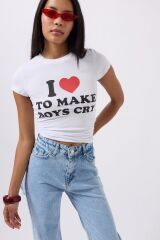 Nakış Detay Baskılı Crop T-Shirt