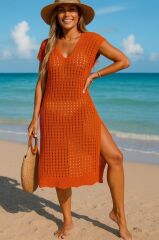 Kadın Sıfır Kol V Yaka Yanı Derin Yırtmaçlı Midi Boy Triko Elbise