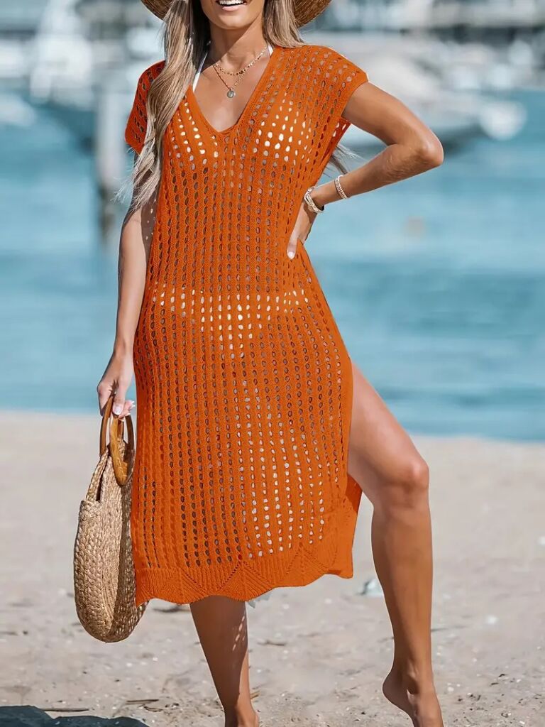 Kadın Sıfır Kol V Yaka Yanı Derin Yırtmaçlı Midi Boy Triko Elbise