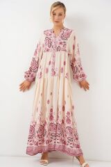 2423 Otantik Desenli Tesettür Elbise - Bordo 1