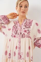 2423 Otantik Desenli Tesettür Elbise - Bordo 1