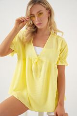 Önü Bağcıklı Kısa Kol Bluz 962 - Sarı