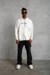 Erkek Sırt Baskılı Oversize Üç İplik Kapüşonlu Sweatshirt - Beyaz
