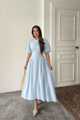 Mavi Arkadan Bağlamalı Büzgülü Keten Elbise