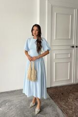 Mavi Arkadan Bağlamalı Büzgülü Keten Elbise
