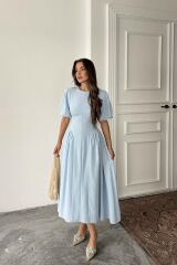 Mavi Arkadan Bağlamalı Büzgülü Keten Elbise