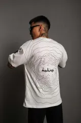 Erkek Bisiklet Yakalı Sırt Baskılı Oversize T-Shirt - Beyaz