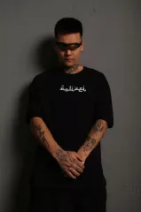Erkek Bisiklet Yakalı Sırt Baskılı Oversize T-Shirt - Siyah