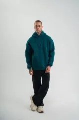 Unisex Uzun Kol Kapşonlu Yıkamalı Nakışlı SweatShirt - Koyu Deniz Yeşili
