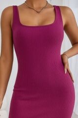 Kadın Askılı Kare Yaka Yandan Yırtmaçlı Midi Kaşkorse Elbise