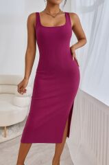 Kadın Askılı Kare Yaka Yandan Yırtmaçlı Midi Kaşkorse Elbise