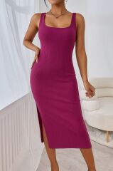 Kadın Askılı Kare Yaka Yandan Yırtmaçlı Midi Kaşkorse Elbise