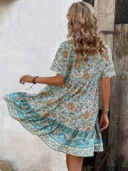 Kadın Kısa Kollu Yakası Bağcıklı önden Düğmeli Fırfır Desenli Süprem Elbise