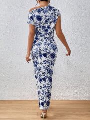 Kadın Tek Omuzu Açık Yırtmaçlı çiçek Desenli Süprem Elbise