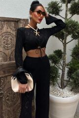 Göğüs Bağcık Detaylı Ajurlu Bluz Pantolon Takım 10098
