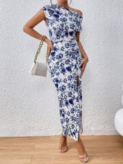 Kadın Tek Omuzu Açık Yırtmaçlı çiçek Desenli Süprem Elbise