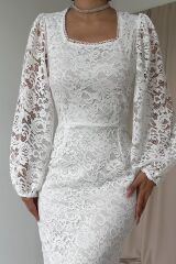 Beyaz Güpür Detaylı Dantel Elbise