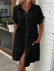 Kadın Kısa Kollu Bisiklet Yaka Yandan Yırtmaçlı Viskon Midi Elbise