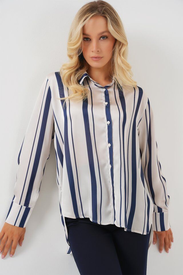 Çizgili Uzun Saten Gömlek 20291 - Lacivert