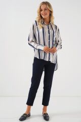 Çizgili Uzun Saten Gömlek 20291 - Lacivert