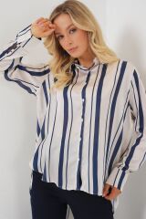 Çizgili Uzun Saten Gömlek 20291 - Lacivert