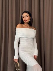 Tül Detaylı Straplez Elbise