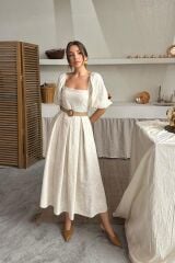 Bej Balon Kollu Brode Elbise