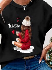 Kadın Yılbaşı Özel Uzun Kollu Bisiklet Yaka Desenli Viskon Iki Iplik Bluz