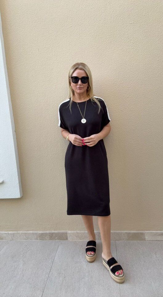 Kadın Kısa Kollu şerit Detay Midi Boy Elbise