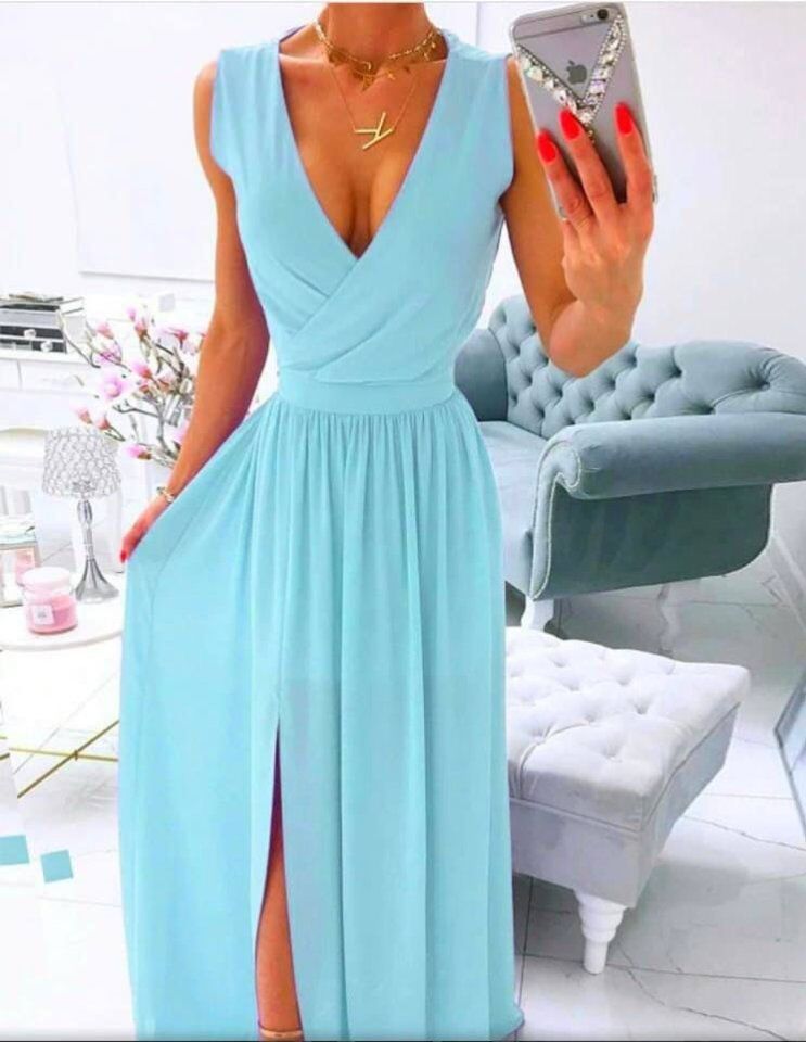 Kadın şifon Kumaş V Yaka Sıfır Kol Maxi Boy Elbise