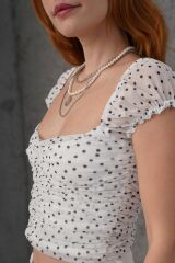 Puantiyeli Belden Oturtmalı Tül Beyaz Bluz