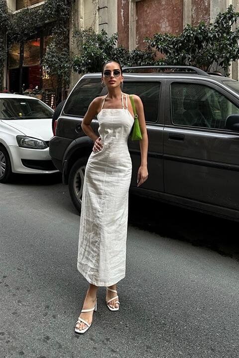 Trisha Sırt Dekolteli Keten Elbise 2496-20 ELBİSE