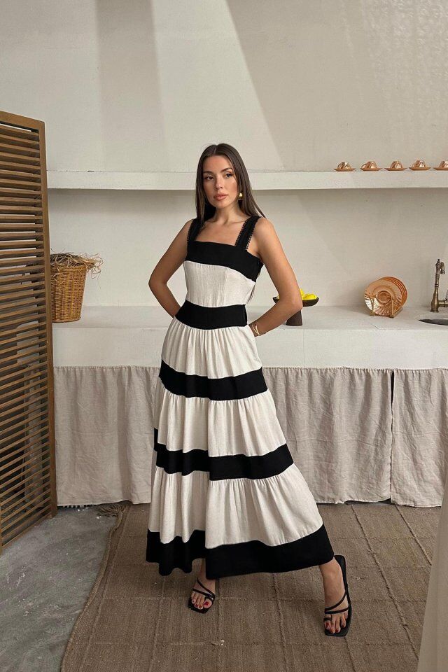 Bej Arkası Fiyonklu Keten Elbise