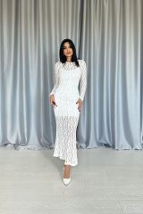 Beyaz Dantelli Uzun Kollu Elbise