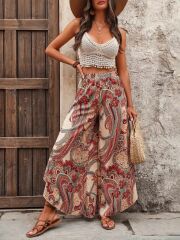 Kadın Yüksek Bel Beli Lastikli Desenli Geniş Paçalı Süprem Pantolon