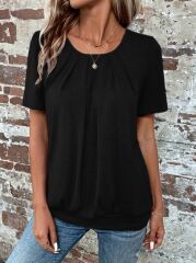 Kadın Kısa Kollu Yuvarlak Yaka önden Pileli Salaş Viskon Bluz