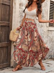 Kadın Yüksek Bel Beli Lastikli Desenli Geniş Paçalı Süprem Pantolon