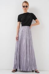 Uzun Kırışık Parlak Etek 8034 - Gri