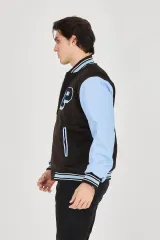 Erkek İçten Elyaf Ve Astarlı Kolları Suni Deri Ceket - Mavi