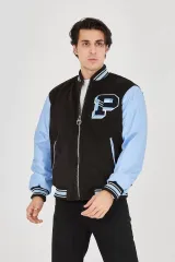 Erkek İçten Elyaf Ve Astarlı Kolları Suni Deri Ceket - Mavi