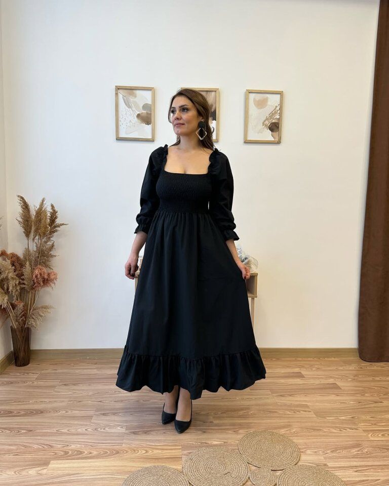 Kadın Uzun Kollu Kare Yakalı Gipeli Uzun Trikoton Elbise