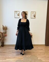 Kadın Uzun Kollu Kare Yakalı Gipeli Uzun Trikoton Elbise