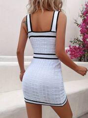 Kadın önü Düğme Detay Kalın Askılı Mini Triko Elbise